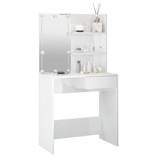 Makeupbord med LED-lys 74,5x40x141 cm hvid højglans