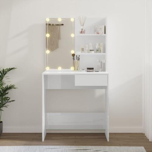 Makeupbord med LED-lys 74,5x40x141 cm hvid højglans