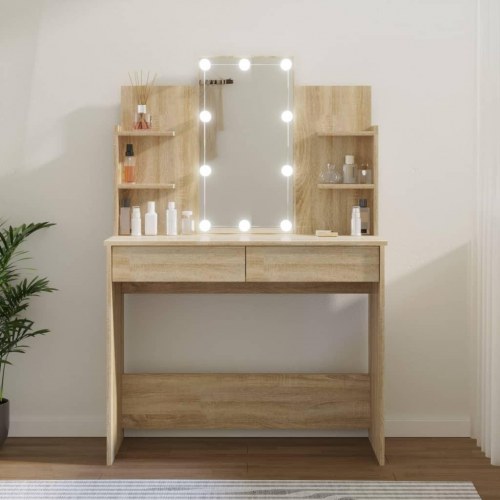 Makeupbord med LED-lys 96x40x142 cm sonoma-eg