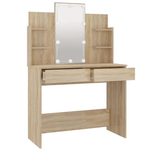 Makeupbord med LED-lys 96x40x142 cm sonoma-eg