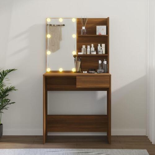 Makeupbord med LED-lys 74,5x40x141 cm brun egetræsfarve