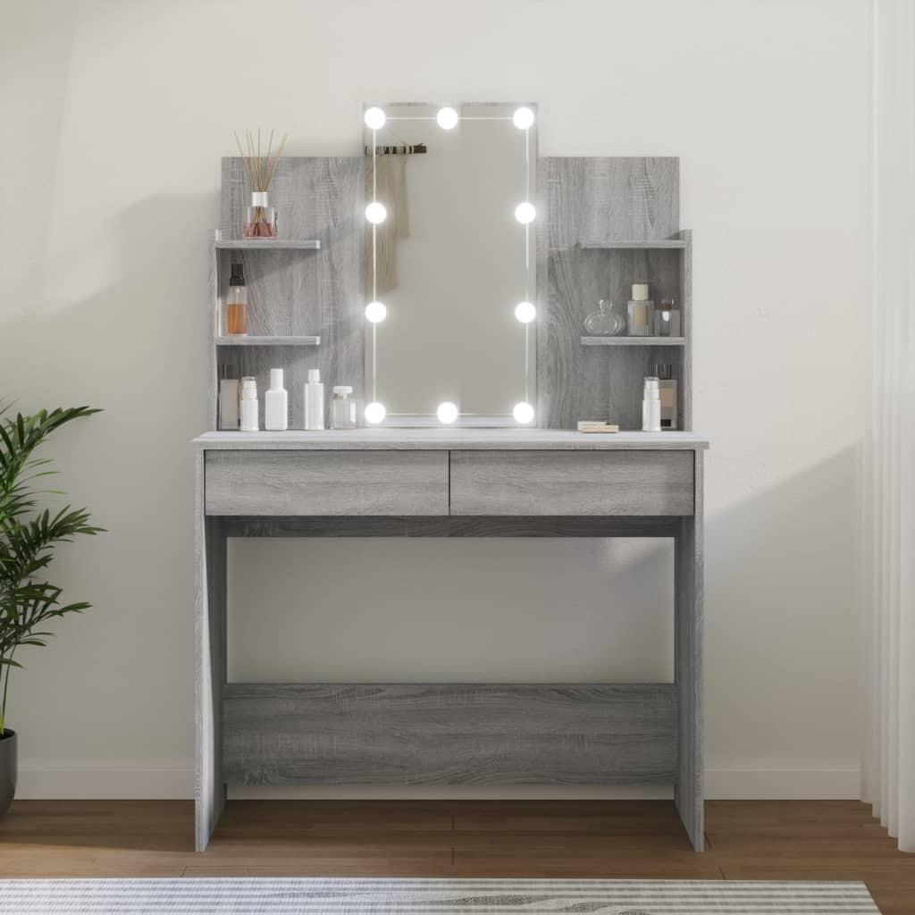 Makeupbord med LED-lys 96x40x142 cm grå sonoma-eg