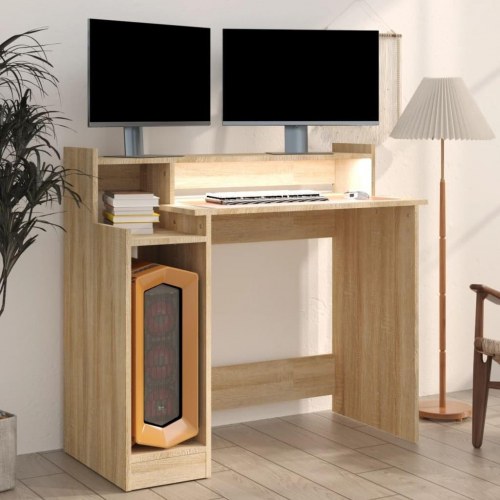 Skrivebord med LED-lys 97×45×90 cm - konstrueret træ i sonoma-eg
