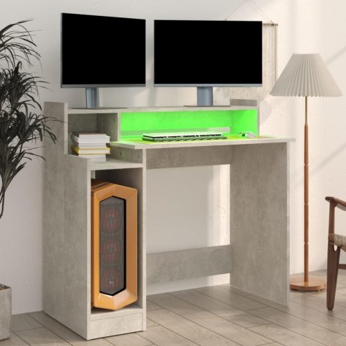 Skrivebord med LED-lys 97×45×90 cm - konstrueret træ, betongrå