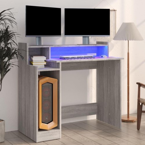 Skrivebord med LED-lys 97×45×90 cm - konstrueret træ i grå sonoma-eg
