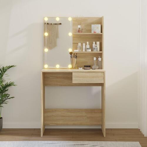 Makeupbord med LED-lys 74,5x40x141 cm sonoma-eg