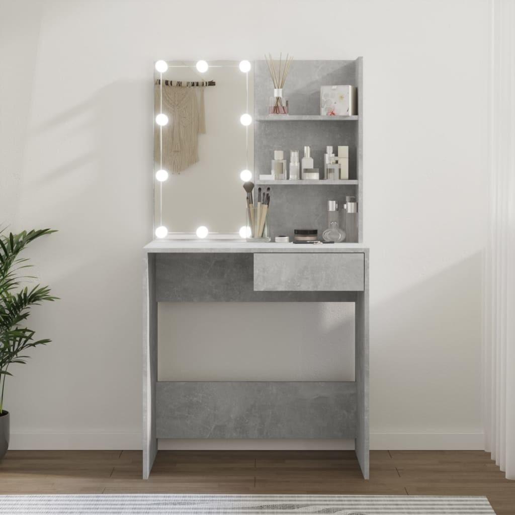 Makeupbord med LED-lys 74,5x40x141 cm betongrå