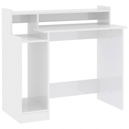 Skrivebord m. LED-lys 97x90x45 cm konstrueret træ hvid højglans