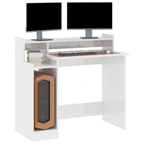 Skrivebord m. LED-lys 97x90x45 cm konstrueret træ hvid højglans