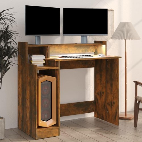 Skrivebord m. LED-lys 97x90x45 cm konstrueret træ røget egetræ