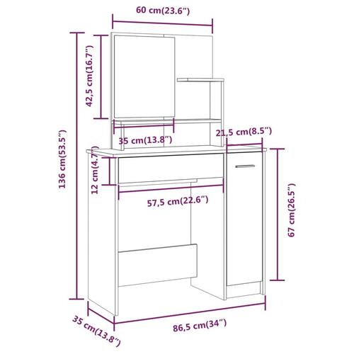 Makeupbord med spejl 86,5x35x136 cm hvid højglans