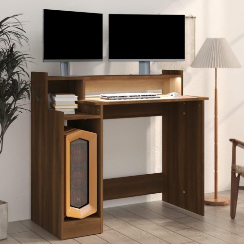Skrivebord med LED-lys 97x45x90 cm konstrueret træ brun eg