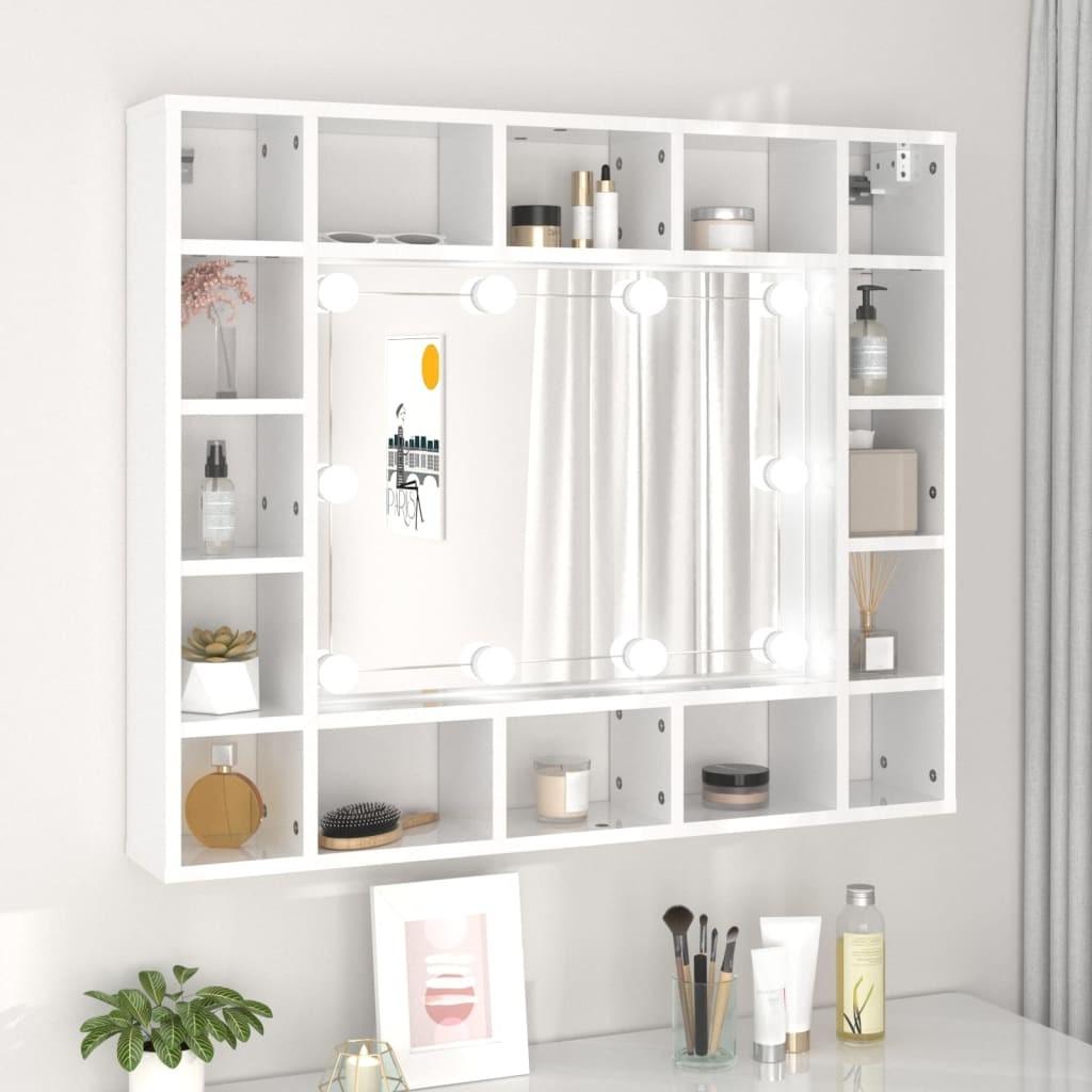 Spejlskab med LED-lys 91x15x76,5 cm hvid højglans