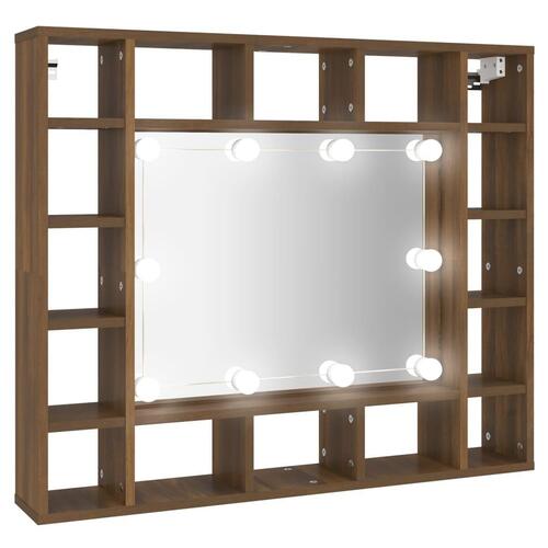 Spejlskab med LED-lys 91x15x76,5 cm brun egetræsfarve