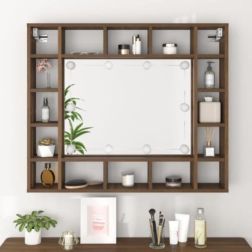 Spejlskab med LED-lys 91x15x76,5 cm brun egetræsfarve