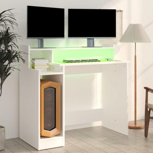 Skrivebord med LED-lys - 97 × 45 × 90 cm, hvidt konstrueret træ