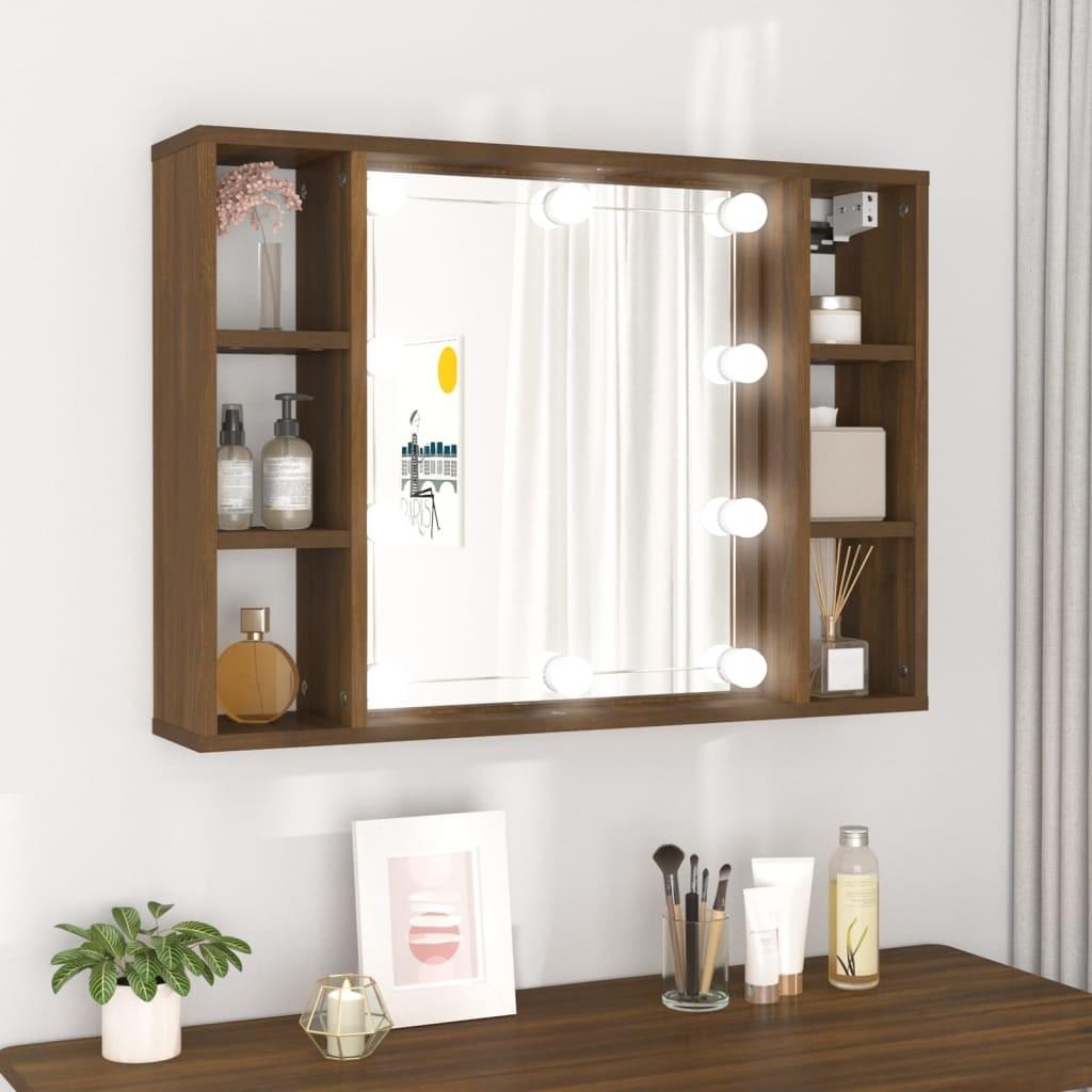Spejlskab med LED-lys 76x15x55 cm brun egetræsfarve