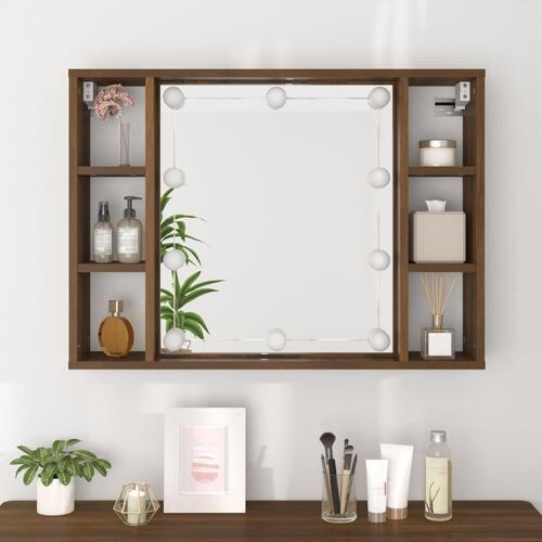 Spejlskab med LED-lys 76x15x55 cm brun egetræsfarve