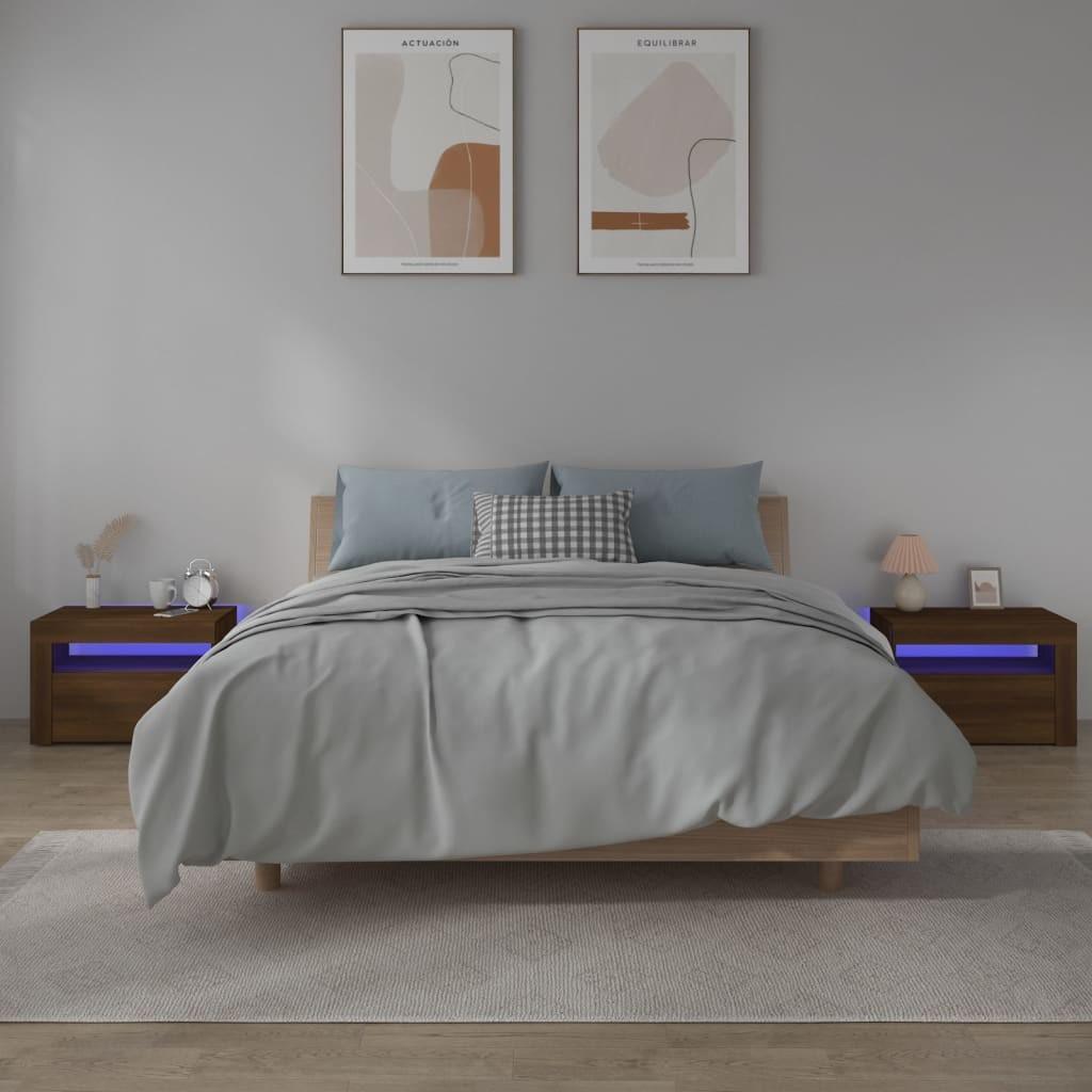 Sengeborde med LED-lys 2 stk. 60x35x40 cm brun eg