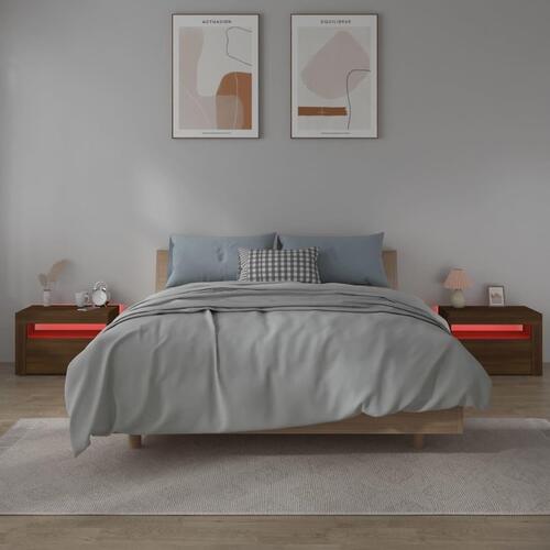 Sengeborde med LED-lys 2 stk. 60x35x40 cm brun eg