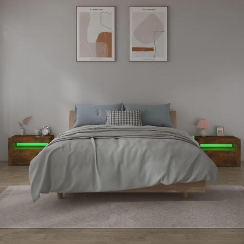 Sengeborde med LED-lys 2 stk. 60x35x40 cm røget eg