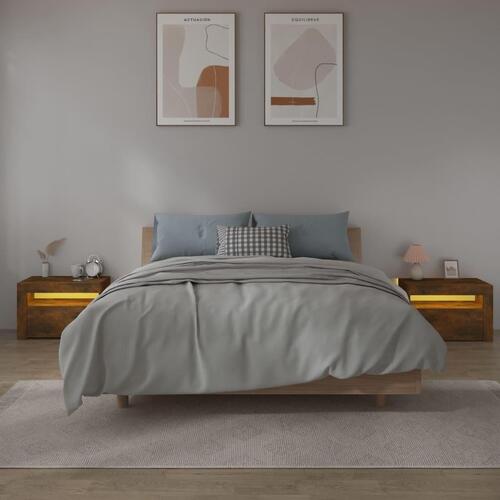 Sengeborde med LED-lys 2 stk. 60x35x40 cm røget eg