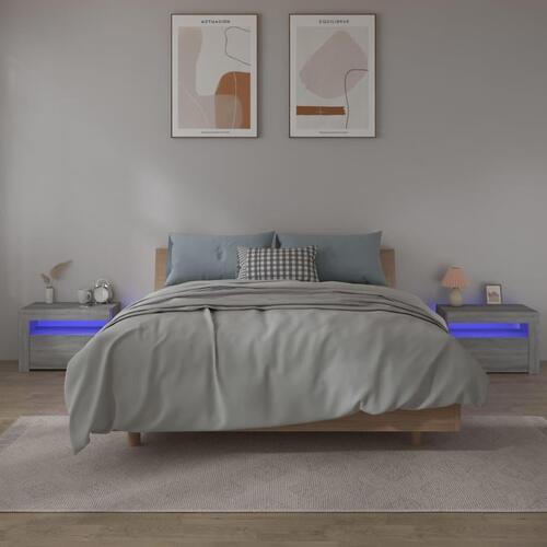 Sengeborde med LED-lys 2 stk. 60x35x40 cm grå sonoma-eg