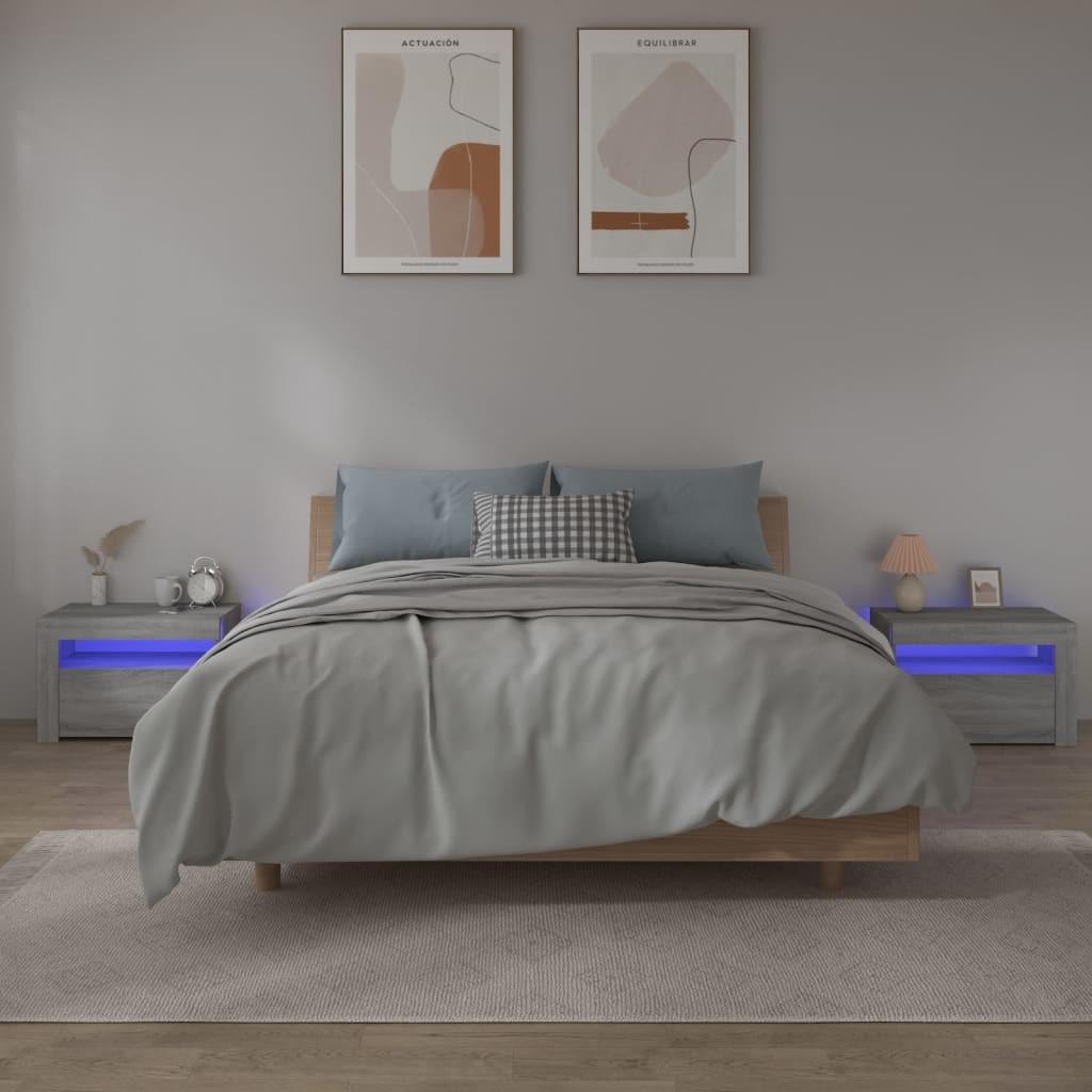 Sengeborde med LED-lys 2 stk. 60x35x40 cm grå sonoma-eg