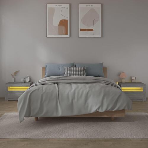 Sengeborde med LED-lys 2 stk. 60x35x40 cm grå sonoma-eg