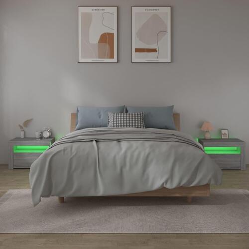 Sengeborde med LED-lys 2 stk. 60x35x40 cm grå sonoma-eg