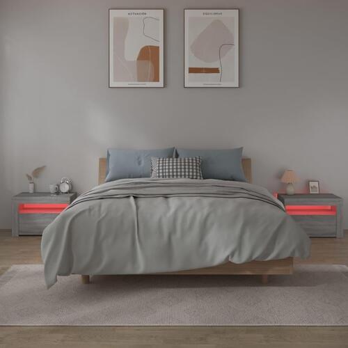 Sengeborde med LED-lys 2 stk. 60x35x40 cm grå sonoma-eg