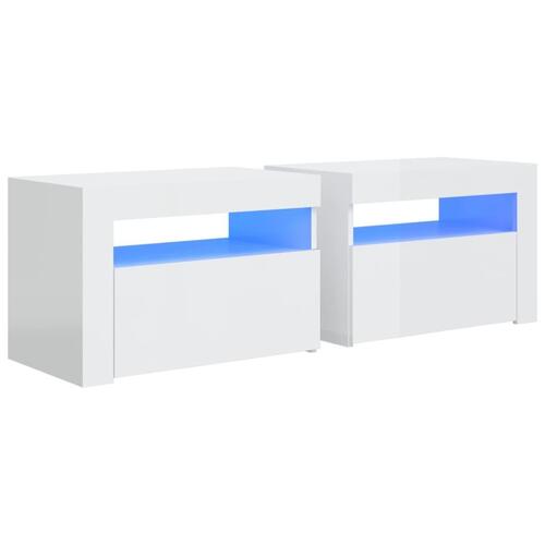 Sengeborde med LED-lys 2 stk. 60x35x40 cm hvid højglans