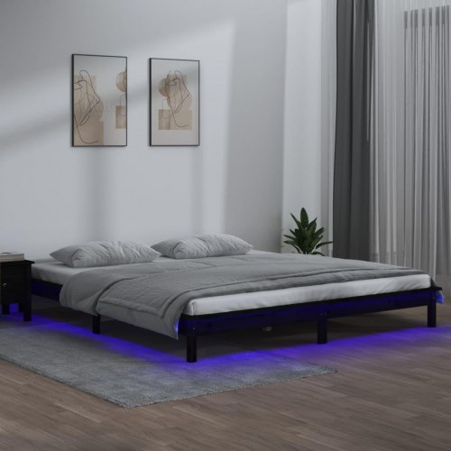 Sengeramme med LED 180x200 cm Super Kingsize massivt træ grå