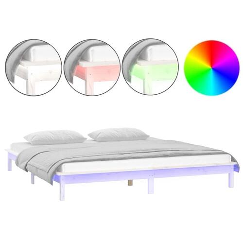 Sengeramme med LED-lys 140x190 cm massivt træ hvid