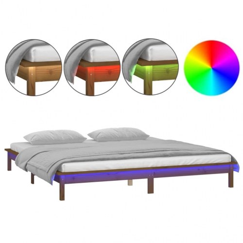Sengeramme m. LED-lys 135x190 cm dobbelt massivt træ gyldenbrun