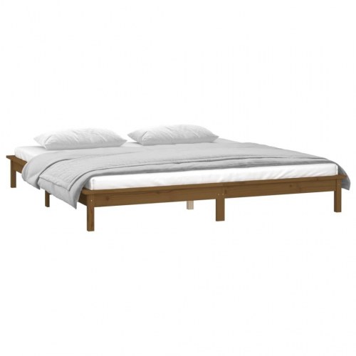 Sengeramme m. LED-lys 135x190 cm dobbelt massivt træ gyldenbrun