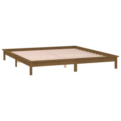 Sengeramme m. LED-lys 135x190 cm dobbelt massivt træ gyldenbrun