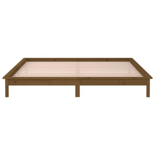 Sengeramme m. LED-lys 135x190 cm dobbelt massivt træ gyldenbrun