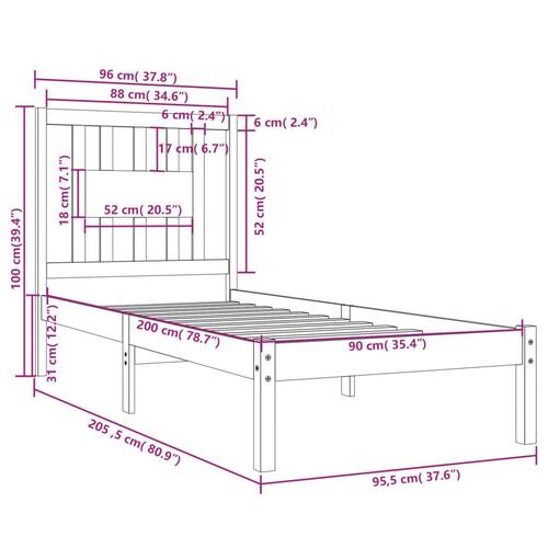 Sengeramme 90x200 cm massivt fyrretræ