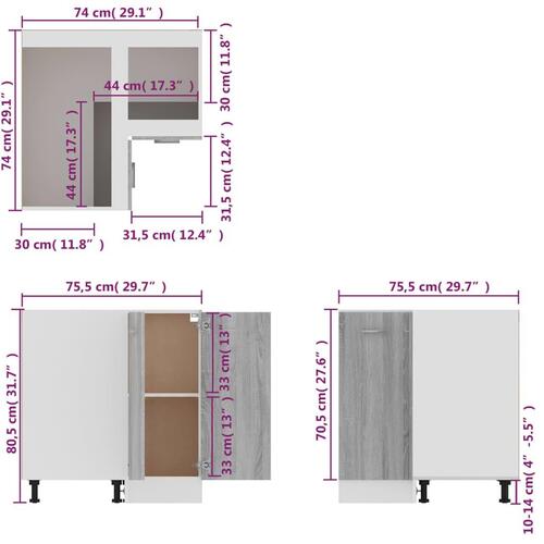 Køkkenskab 75,5x75,5x81,5 cm konstrueret træ grå sonoma-eg