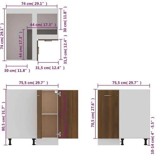 Køkkenskab 75,5x75,5x81,5 cm konstrueret træ brun egetræsfarve