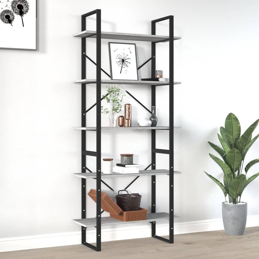 Bogreol med 5 hylder 80x30x175 cm konstrueret træ grå sonoma-eg