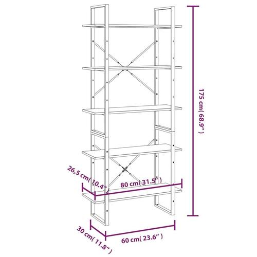 Bogreol med 5 hylder 80x30x175 cm konstrueret træ grå sonoma-eg