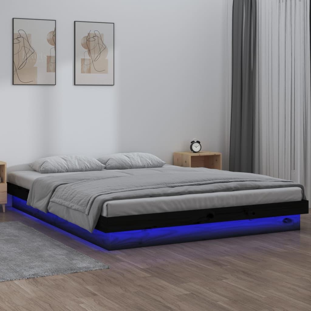 Sengeramme med LED 150x200 cm kingsize massivt træ sort