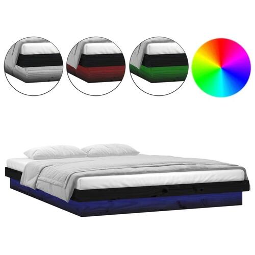 Sengeramme med LED 150x200 cm kingsize massivt træ sort