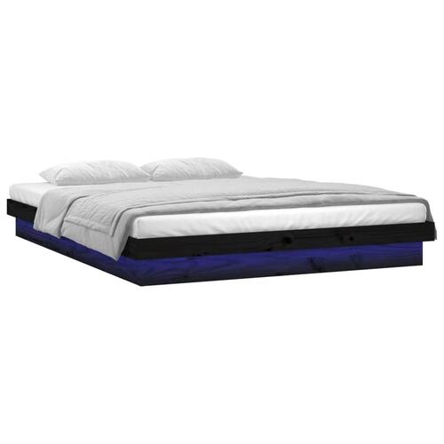 Sengeramme med LED 150x200 cm kingsize massivt træ sort