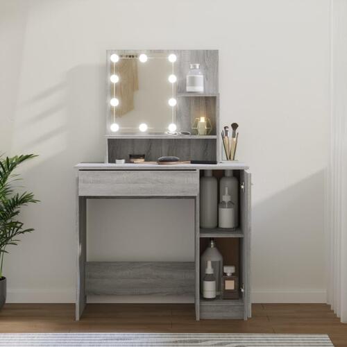 Makeupbord med LED-lys 86,5x35x136 cm grå sonoma-eg