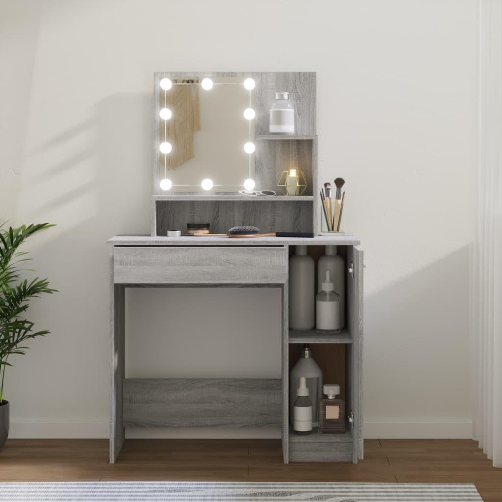Makeupbord med LED-lys 86,5x35x136 cm grå sonoma-eg