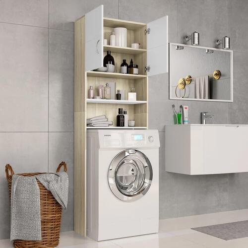 Vaskemaskineskab 64x25,5x190 cm spånplade hvid og sonoma-eg