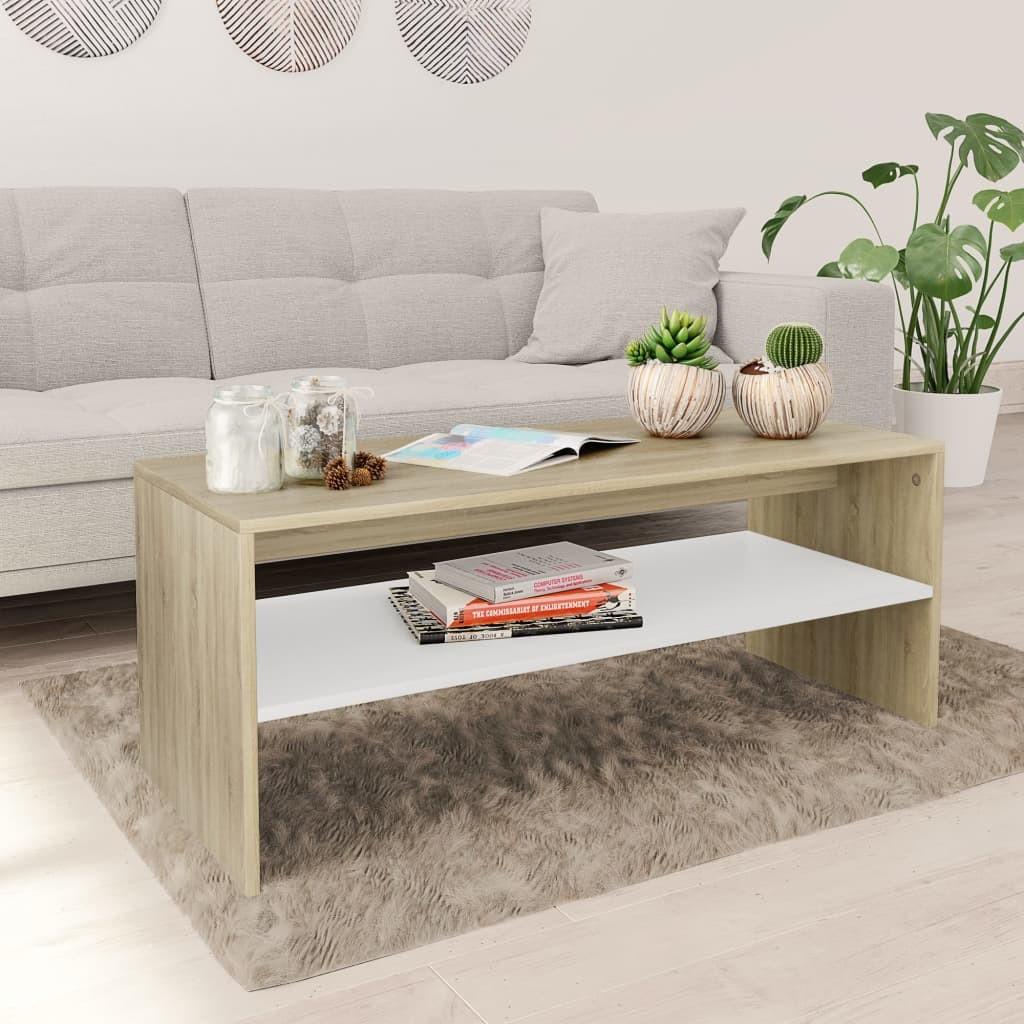 Sofabord 100x40x40 cm konstrueret træ hvid og sonoma-eg